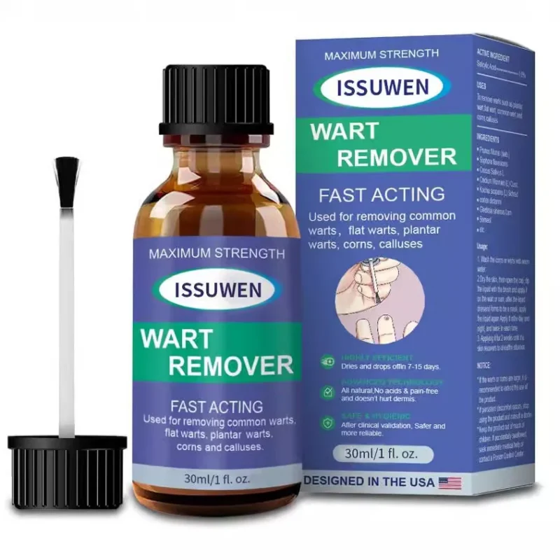 wart-remover-liquid-30ml-glass-bottle-iss-hpjg76eu-1 30ml glass bottle of ISSUWEN Wart Remover Liquid with brush applicator for treating common, plantar, and flat warts