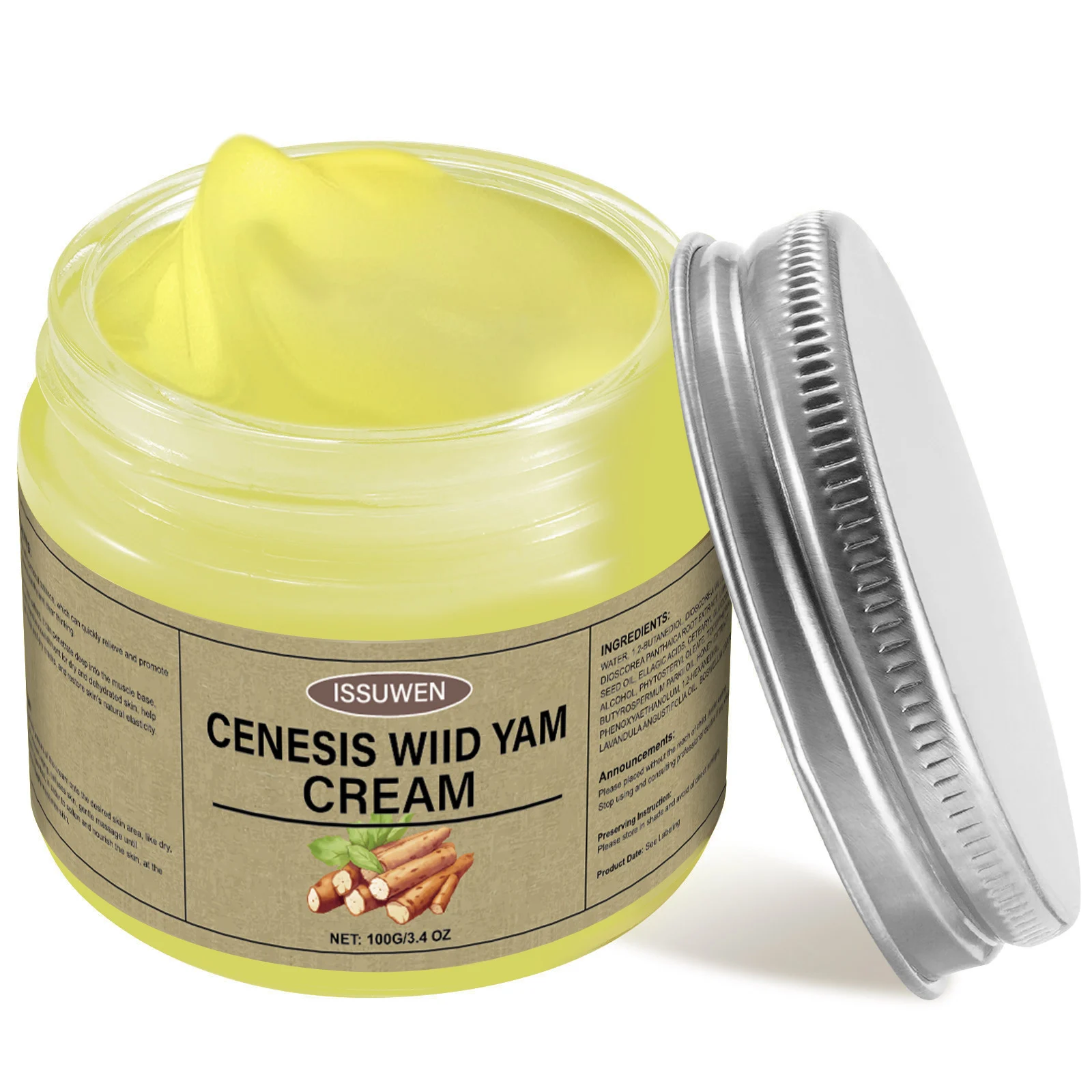 wild-yam-cream-100g-organic-moisturizing-body-cream-iss-8p8yamxp-desc-10 ISSUWEN Wild Yam Cream 100g, a topical supplement with 20% concentrated extract for hormonal harmony and skin rejuvenation.